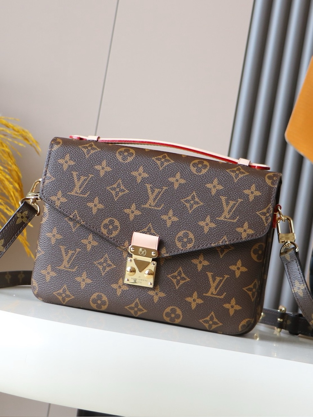 Luxury Monogram Crossbody Bag in Brown with Pink Trim